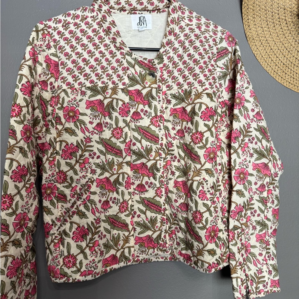 Anthropologie DRA Pink and Cream Floral Quilted Jean Jacket